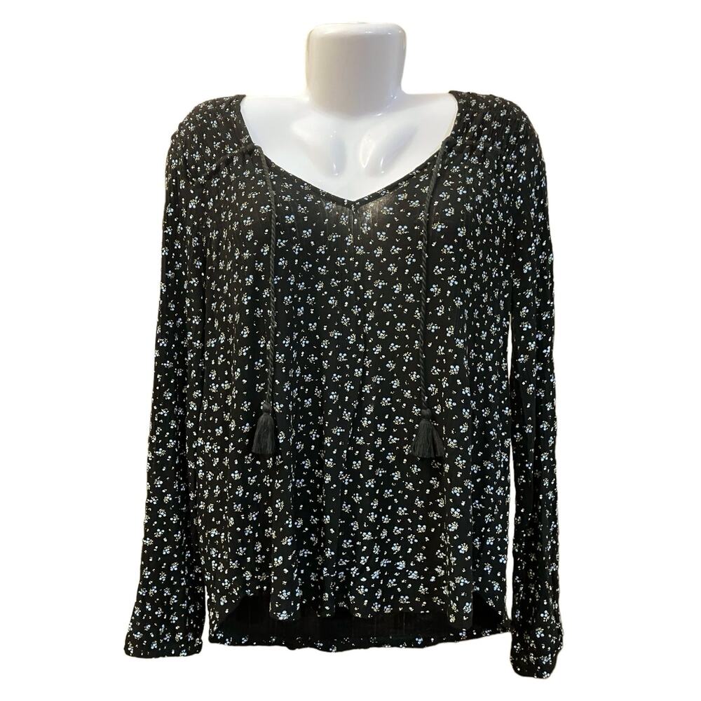 Lucky Brand Women's Black w/ Blue Floral Design w/ Tassels Boho Blouse | Size L